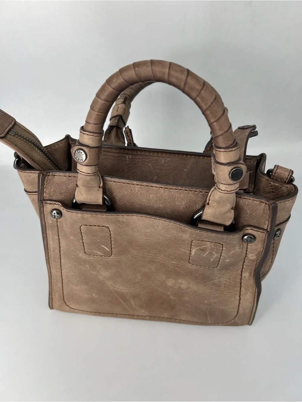 Frye Taupe Distressed Leather Mini Satchel